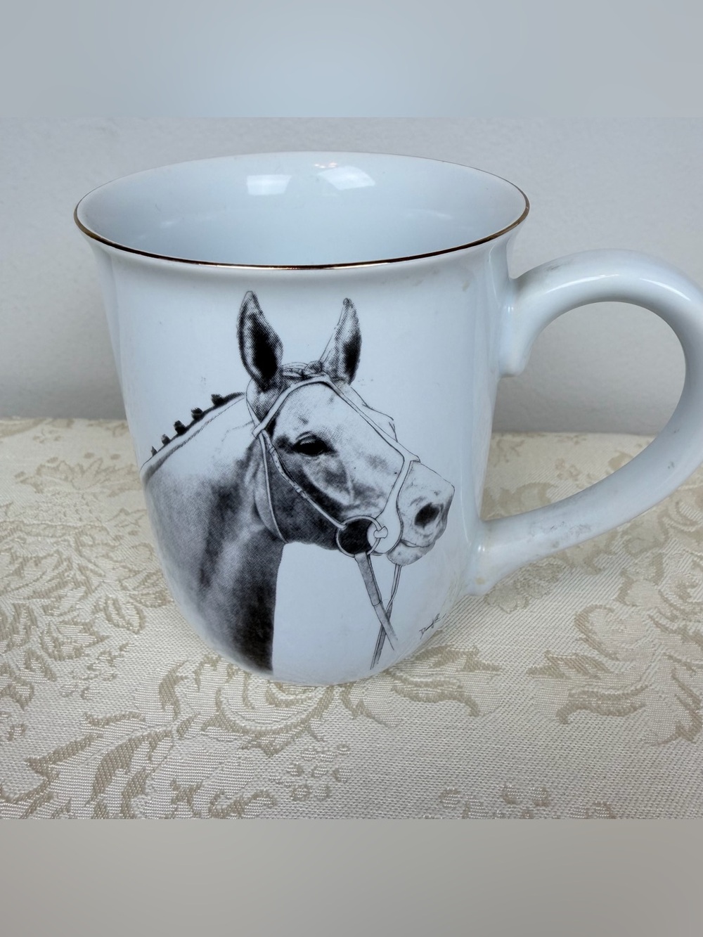 Otagiri Japan White Vintage Mug with Black Horse by Darren Cook, Gold Trim